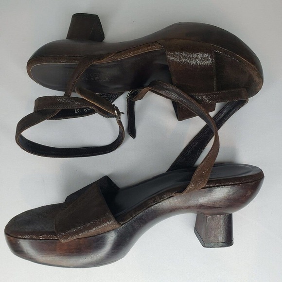 VERA PELLE Antique Japanese Wooden Shoes Asian Ankle Wrap Open Toe Sz 37 Brown - Picture 14 of 14